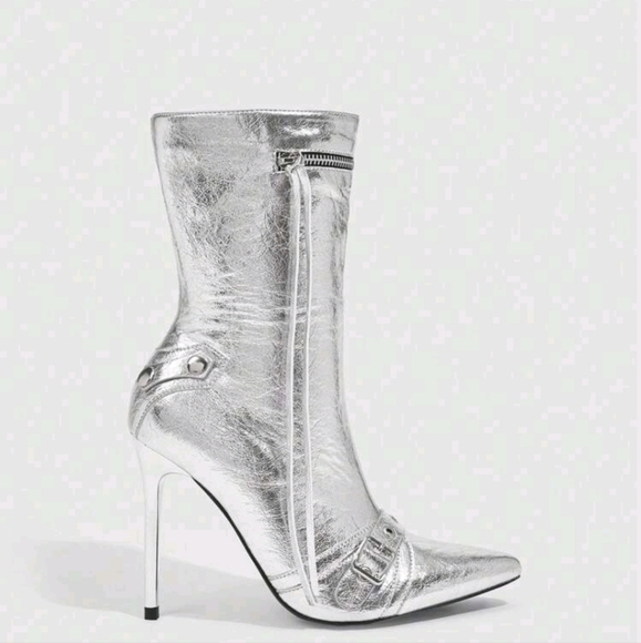 Women's Fashion High Heel Ankle Boots, Party Style,Trendy Silver Mid-Calf Boots - Picture 2 of 6